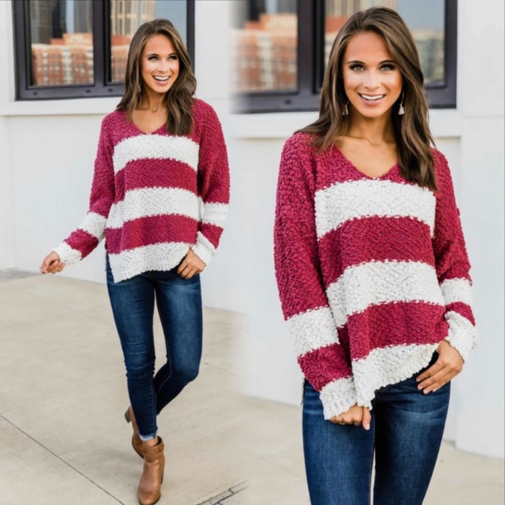 Striped Wine and White Women's Popcorn Soft Cozy Sweater